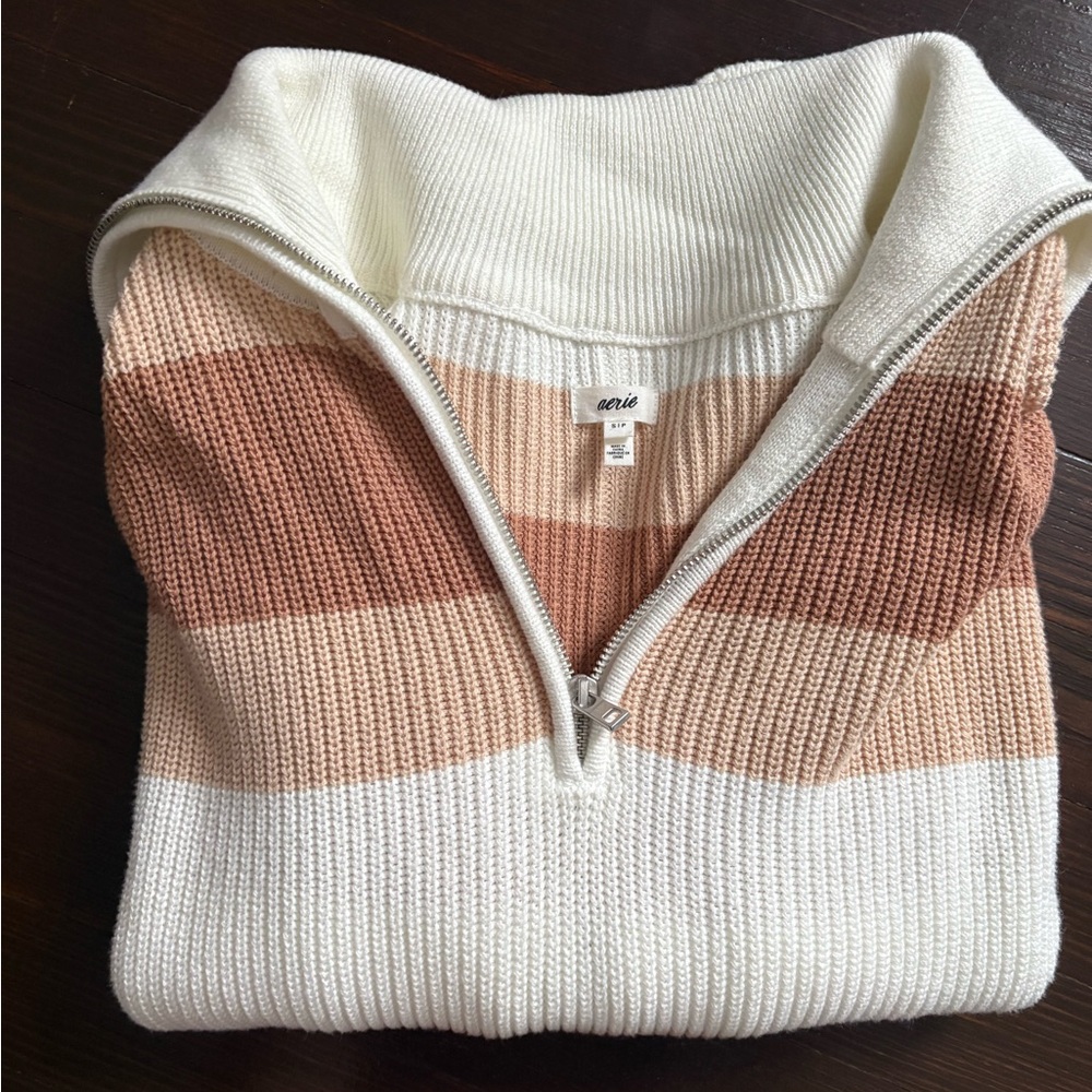 Aerie Cream and Brown Striped Turtleneck Sweater